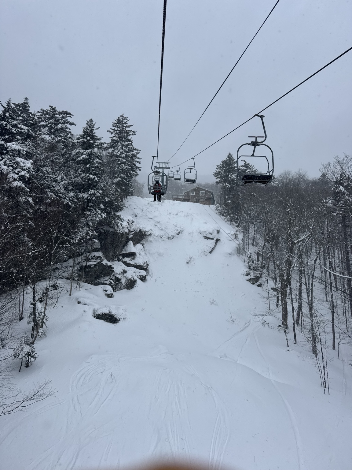 Snowy chairlift at Mad River Glen